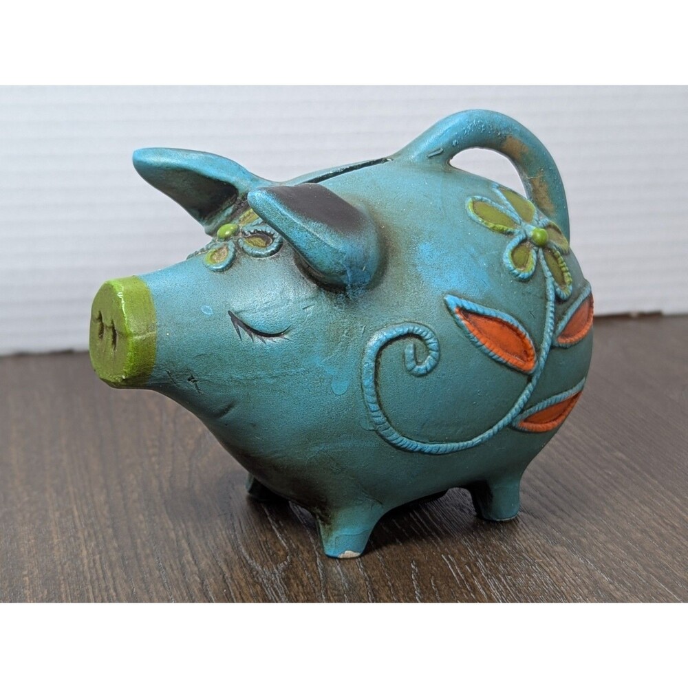 VTG 60s Ceramic Piggy Bank Blue 3D Molding Psychedelic Flower Power Hippie Retro